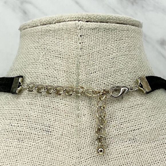 Black Multi Strand Cord Gold Tone Cabochon Necklace - Picture 4 of 4